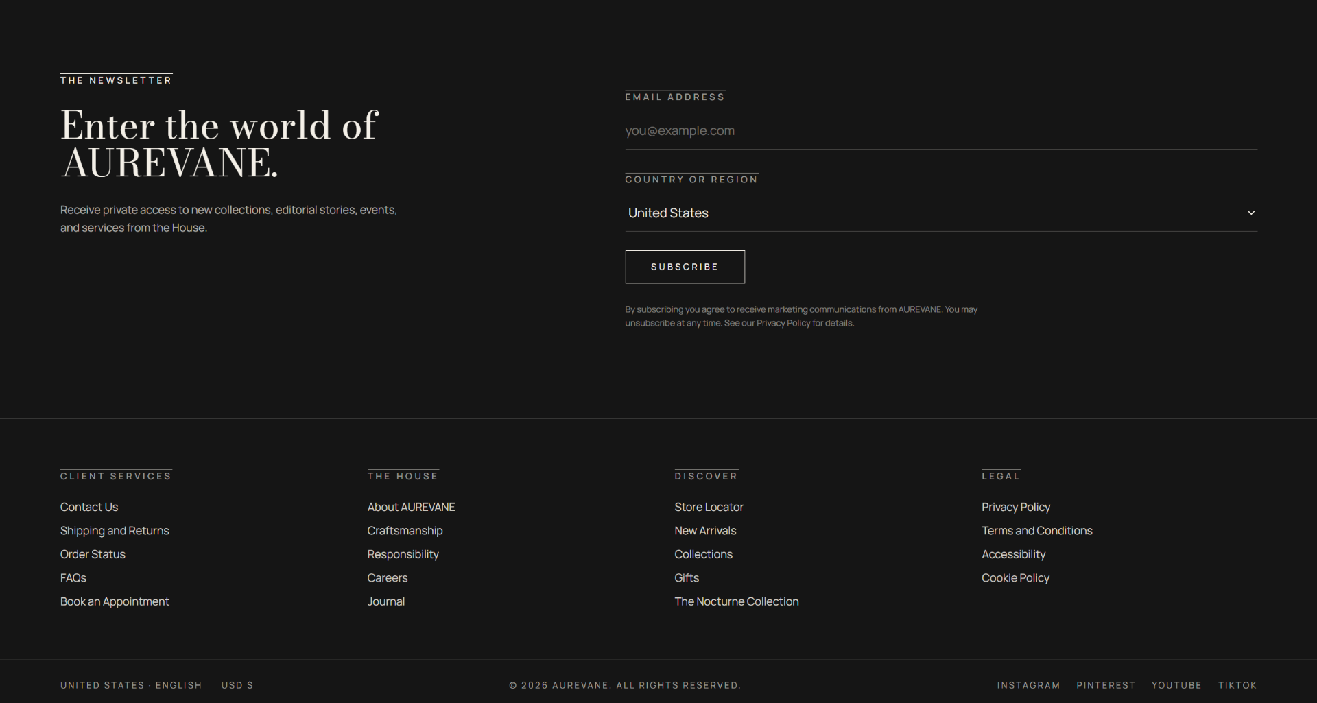 Aurevane, Newsletter & footer