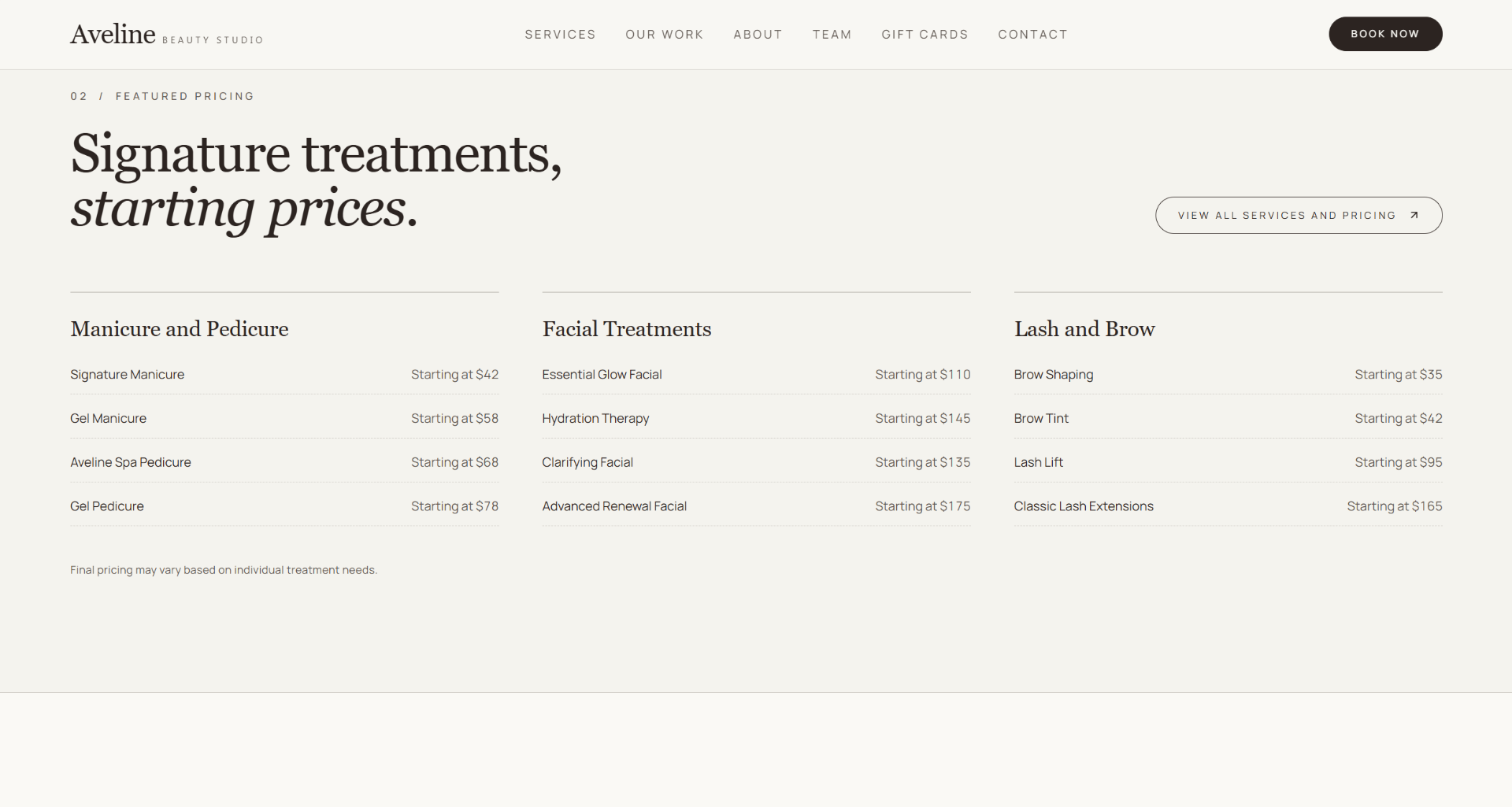 Aveline Beauty Studio, Featured pricing